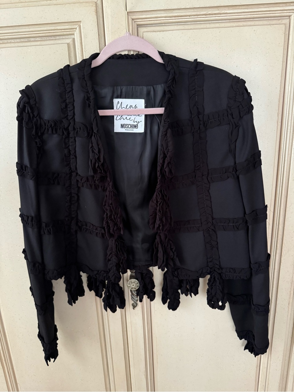 Moschino Black Ruffle Trim Grid Blazer